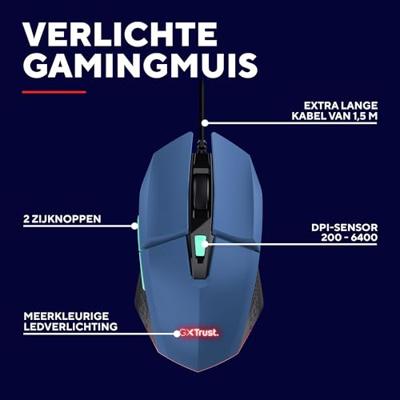 Trust GXT109B FELOX Gaming-muis Kabelgebonden Optisch Blauw 6 Toetsen 6400 dpi Verlicht Trust GXT109B FELOX Gaming-muis Kabelgebonden Optisch Blauw 6 Toetsen 6400 dpi Verlicht
