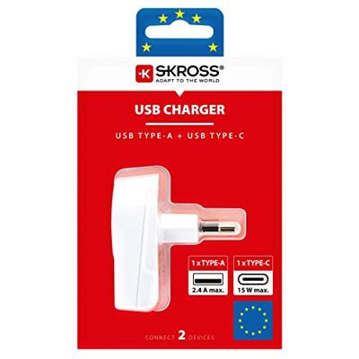 Skross Europa 1x USB + 1x USB-C Wereldstekker Wit
