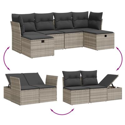 6-delige Loungeset met kussens poly rattan lichtgrijs