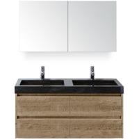 Dante Badmeubelset 120 cm - Natuur Eiken - Wastafel Hardsteen Wit Lucca Dubbel met Spiegelkast - thumbnail
