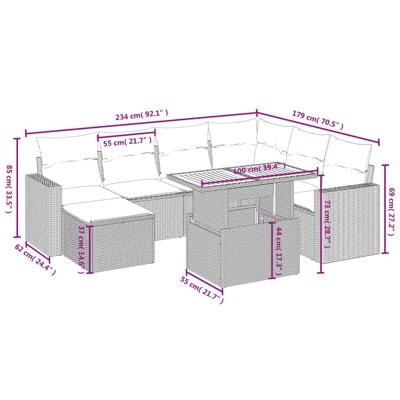 8-delige Loungeset met kussens poly rattan zwart
