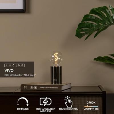 Lucide VIVO - Oplaadbare Tafellamp - Accu/Batterij - Ø 8 cm - LED Dimb. - E27 - 1x1W 2700K - Mat zwart chroom