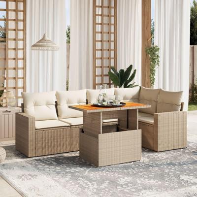 6-delige Loungeset met kussens poly rattan beige