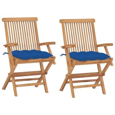 Tuinstoelen 2 st met blauwe kussens massief teakhout