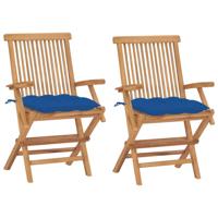 Tuinstoelen 2 st met blauwe kussens massief teakhout - thumbnail