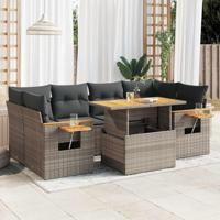 7-delige Loungeset met kussens poly rattan acacia grijs - thumbnail