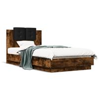 Bedframe met hoofdeinde bewerkt hout gerookt eiken 90x190 cm - thumbnail