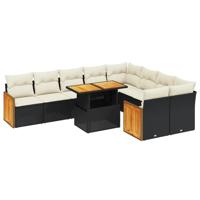 10-delige Loungeset met kussens poly rattan zwart - thumbnail