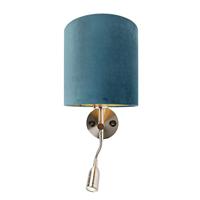 QAZQA Wandlamp staal met leeslamp en kap velours 20|20|20 blauw - thumbnail