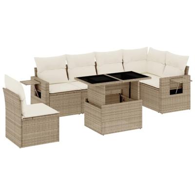 7-delige Loungeset met kussens poly rattan beige