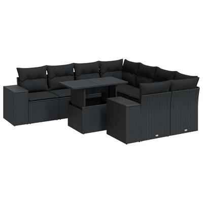 9-delige Loungeset met kussens poly rattan zwart