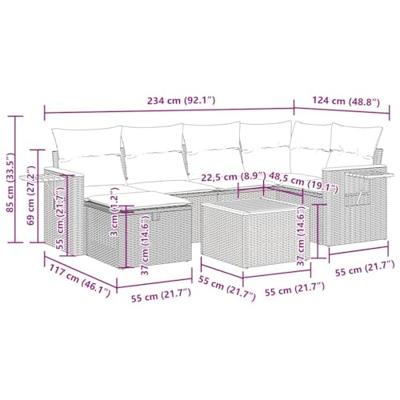 7-delige Loungeset met kussens poly rattan zwart