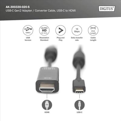 Digitus AK-300330-020-S USB-C-displaykabel USB-C / HDMI Adapterkabel USB-C stekker, HDMI-A-stekker 2.00 m Zwart Afgeschermd, Afgeschermd (dubbel)