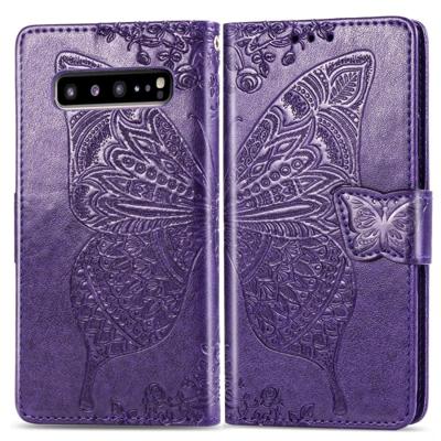 Butterfly Love bloemen reliëf horizontale Flip lederen case voor Galaxy S10 5G met houder & kaartsleuven & portemonnee & Lanyard (donker paars)