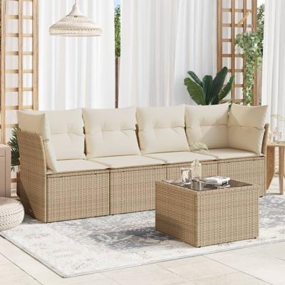 5-delige Loungeset met kussens poly rattan beige - thumbnail