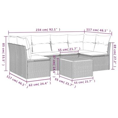 7-delige Loungeset met kussens poly rattan grijs