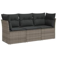 3-delige Loungeset met kussens poly rattan grijs - thumbnail