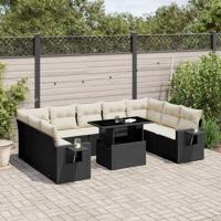 10-delige Loungeset met kussens poly rattan zwart - thumbnail