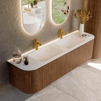 Mondiaz KURVE 170 cm Onderkast Greeploos 1 Lade Met Deuren Walnut, Wastafel Solid Surface Dubbel Talc 2 Kraangaten Zonder Spiegel (KRVCLO170L+R1L2D2KD-Wal/Tal) - thumbnail