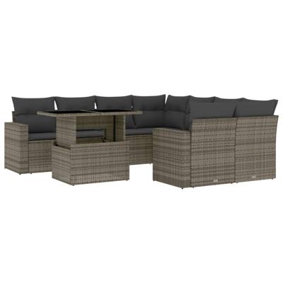 9-delige Loungeset met kussens poly rattan grijs