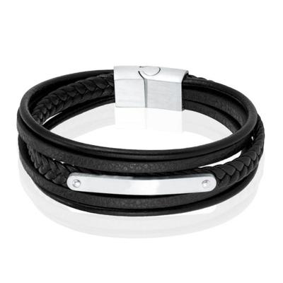Mendes Lederen Armband voor Mannen - Zilver, Met Graveerplaat en RVS Sluiting-21cm