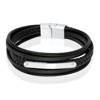 Mendes Lederen Armband voor Mannen - Zilver, Met Graveerplaat en RVS Sluiting-21cm - thumbnail