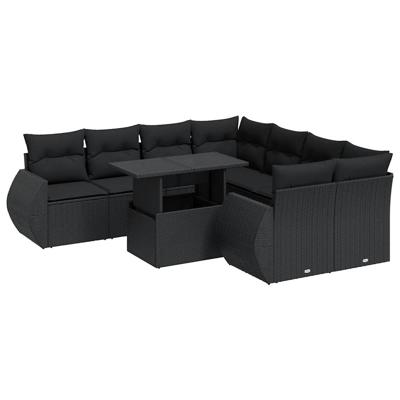 9-delige Loungeset met kussens poly rattan zwart