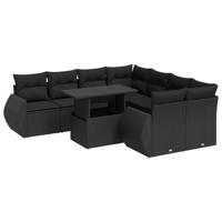 9-delige Loungeset met kussens poly rattan zwart - thumbnail