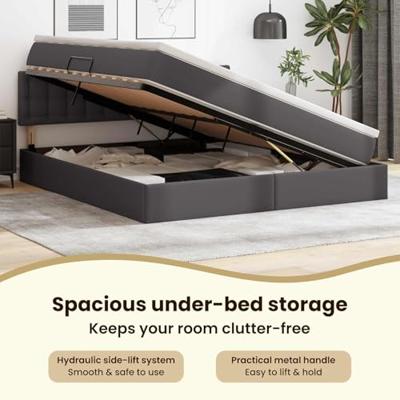 Opbergbed met LED met matras Grijs 160 x 200 cm Nep Leer