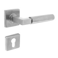 Deurkruk 0378 Bau-stil op rozet vierkant staal met 7mm nok met profielcilindergat plaatjes RVS - thumbnail