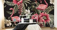 Fotobehang - Tropische bloemen en Flamingo&apos;s Vintage, 11 maten, premium print, incl behanglijm - thumbnail