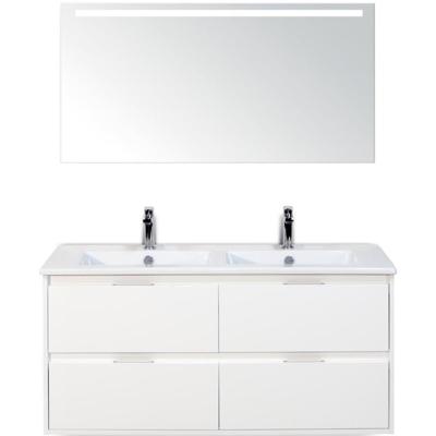 Porto Badmeubelset 120 cm - 4 Laden Wit Hoogglans - Keramische Wastafel Wit Slim met Sence Spiegel