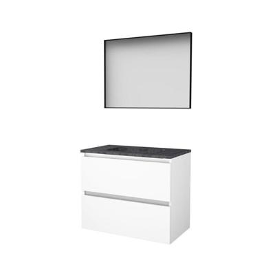 Basic-Line Framed 46 Badkamermeubelset - 80 x 46 cm - Greeploos - 2 Lades - Hardstenen Wastafel - 1 Kraangat - Spiegel met Zwart Aluminium Frame - Ice White