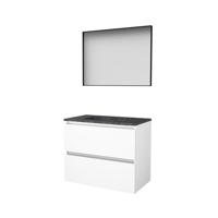 Basic-Line Framed 46 Badkamermeubelset - 80 x 46 cm - Greeploos - 2 Lades - Hardstenen Wastafel - 1 Kraangat - Spiegel met Zwart Aluminium Frame - Ice White - thumbnail