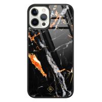 iPhone 12 Pro glazen hardcase - Marmer zwart oranje - thumbnail