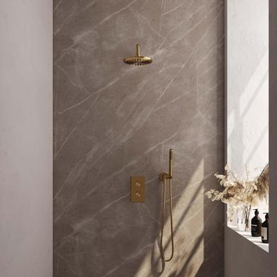 Brauer Gold Carving Thermostatische Regendoucheset Inbouw - Hoofddouche 20 cm - Gebogen Wandarm - 3 Weg - Handdouche Staaf - Doucheslang - Wandaansluitbocht - Geborsteld Goud