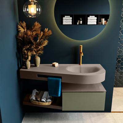 MONDIAZ RIVA 120cm badmeubel onderkast / planchet kleur Army met 1 lade. Wastafel DULCET rechts 1 kraangat kleur Smoke.