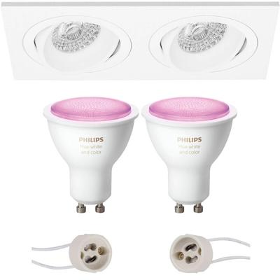 Pragmi Borny Pro - Inbouw Rechthoek Dubbel - Mat Wit - Kantelbaar - 175x92mm - Philips Hue - LED Spot Set GU10 - White and Color Ambiance - Bluetooth