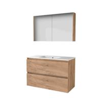 Basic-Line Comfort 46 Badkamermeubelset - 100 x 46 cm - Greeploos - 2 Lades - Keramische Wastafel - 1 Kraangat - Spiegelkast - Whisky Oak - thumbnail