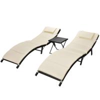 VidaXL Ligbedden inklapbaar 2 st met tafel poly rattan zwart - thumbnail