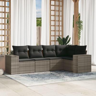 5-delige Loungeset met kussens poly rattan grijs