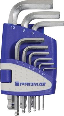 Promat/Tecwerk Set haakse zeskantschroevendraaier | 9-delig kunststof houder | SW 1,5-10 mm | kort kogelkop S2-staal - 4000825123