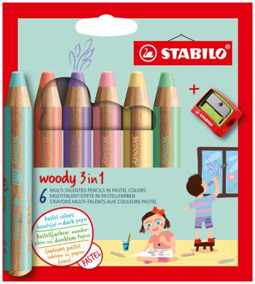 Stabilo woody 3in1 potloden - 6 kleuren + puntenslijper