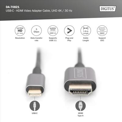 Digitus USB 3.2 Gen 1 (USB 3.0), USB 3.2 Gen 1 (USB 3.0) Adapterkabel [1x USB 3.2 Gen 2 stekker C (USB 3.1), USB-C stekker - 1x HDMI-stekker] DA-70821 1.80 m