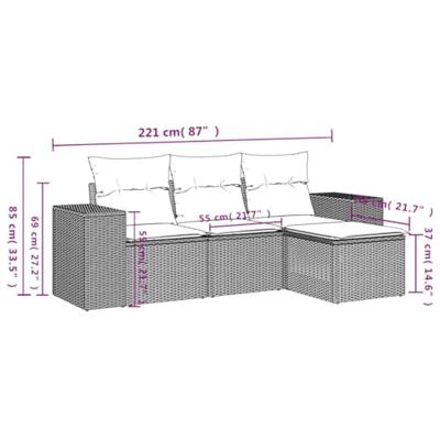 4-delige Loungeset met kussens poly rattan grijs - thumbnail