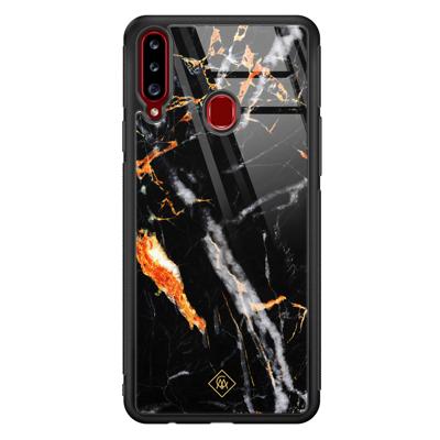 Samsung Galaxy A20s glazen hardcase - Marmer zwart oranje Samsung Galaxy A20s glazen hardcase - Marmer zwart oranje