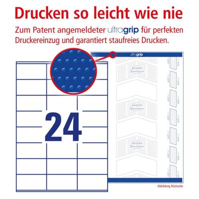 Avery Zweckform 3664, Universele etiketten, Ultragrip, wit, 100 vel, 24 per vel, 70 x 33,8 mm