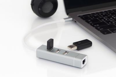 Digitus DA-70253 USB 2.0-hub 3 + 1 poorten Met USB-C stekker, Met aluminium behuizing, Met ingebouwde converter, Met metalen behuizing Aluminium