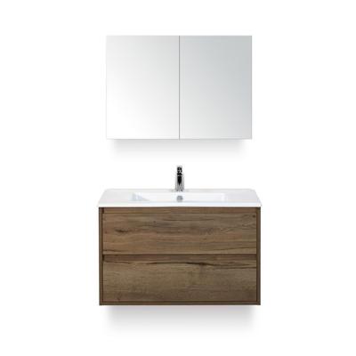 Porto Badmeubelset 90 cm - Tabacco - Keramische Wastafel Wit Slim - met Spiegelkast