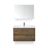 Porto Badmeubelset 90 cm - Tabacco - Keramische Wastafel Wit Slim - met Spiegelkast - thumbnail